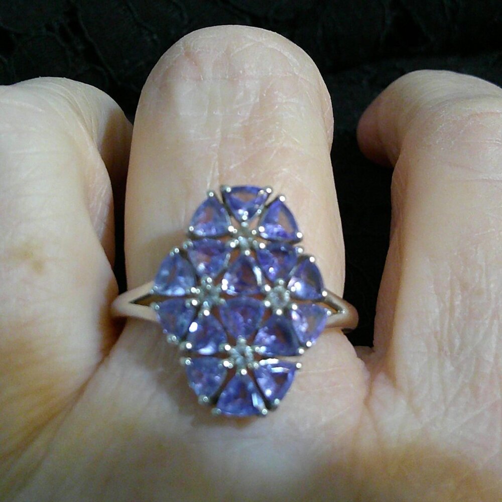Trillion cut Tanzanite & White Zircon Silver Ring Shaped into Flowers Size 10.5